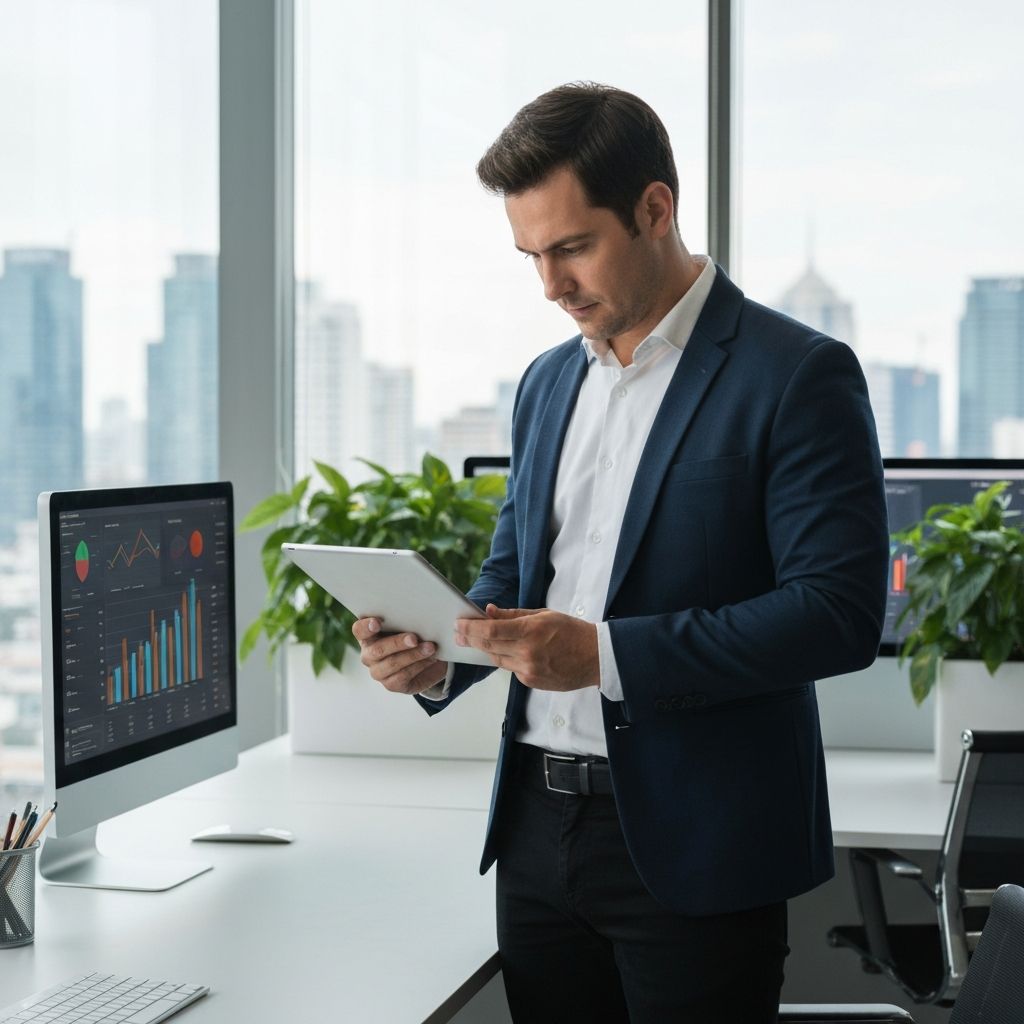Podnikatel s přehledem úspor na tabletu v moderní kanceláři